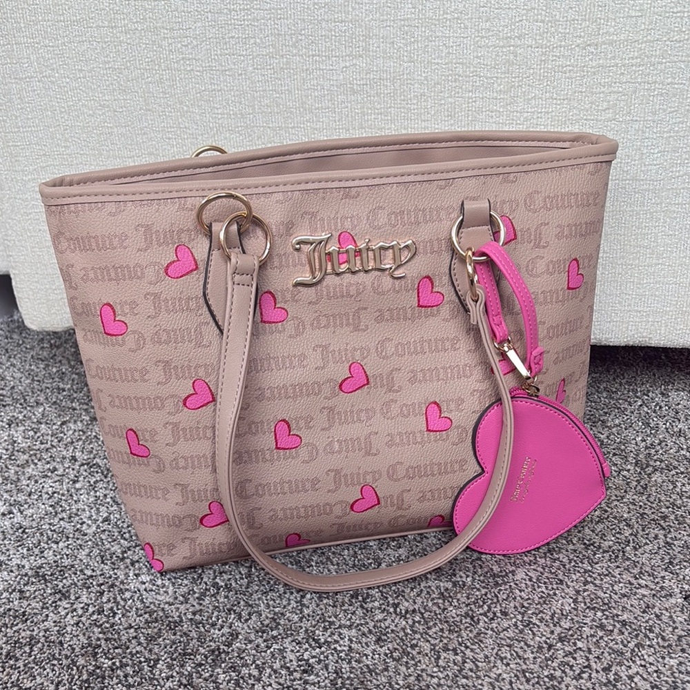 Juicy Couture Tan Tote with Hot Pink Heart Accents